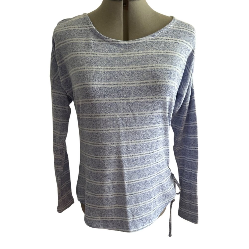 Crochet Womens S Blue Striped Long Sleeve Knit Sweater With Side Tie Accent
